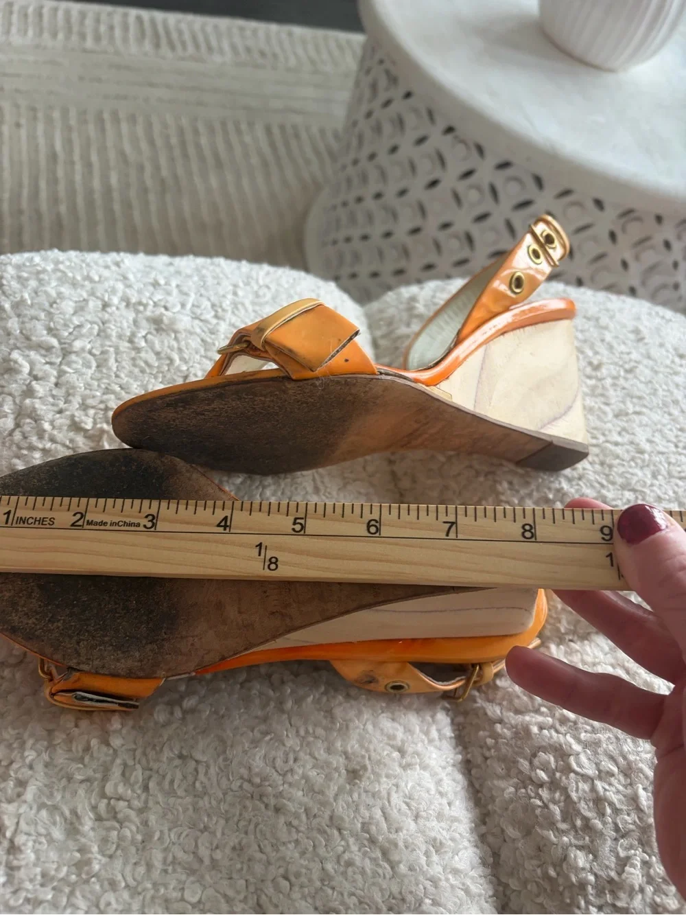 Miu Miu Orange Patent Leather Wedge Sandals with Gold Grommets